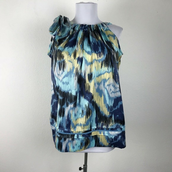 BCBGeneration Tops - BCBGeneration Watercolor Print Tie Shoulder Sleeveless Blouse Blue‎ Yellow Sz M